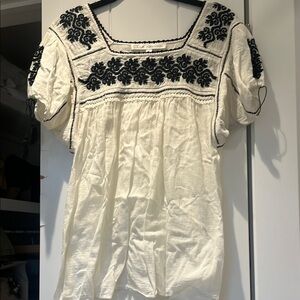 Ulla Johnson Embroidered Puff Sleeve Blouse in Cream and Black